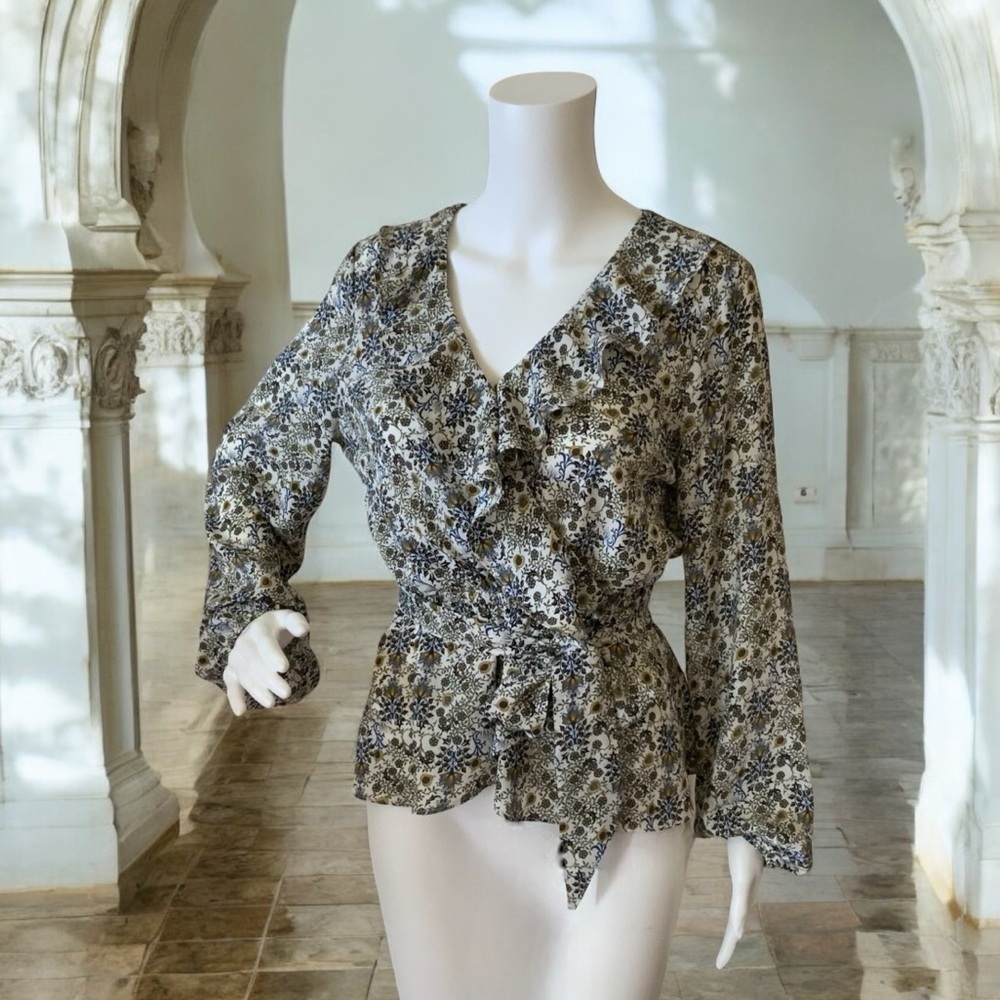 Max Edition Blue & Green Floral Ruffled Blouse With Tie